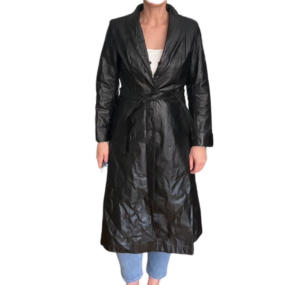 Vintage Sears Black Genuine Leather Long Trench Coat Maxi Matrix 90s Sz S